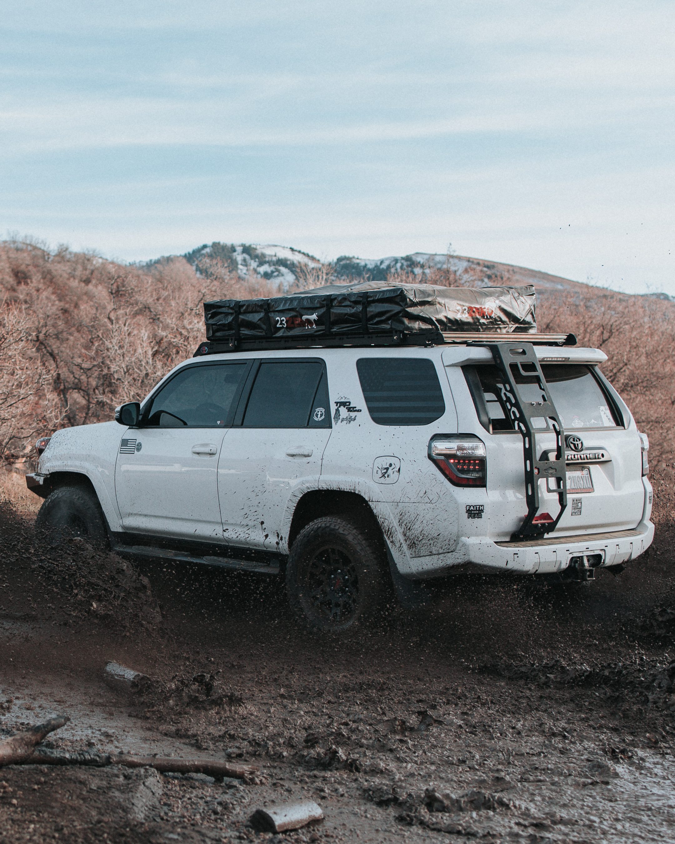 Jan. 6th Wednesday 4Runner in Mud with 23Zero Walkabout Soft Shell Rooftop Tent